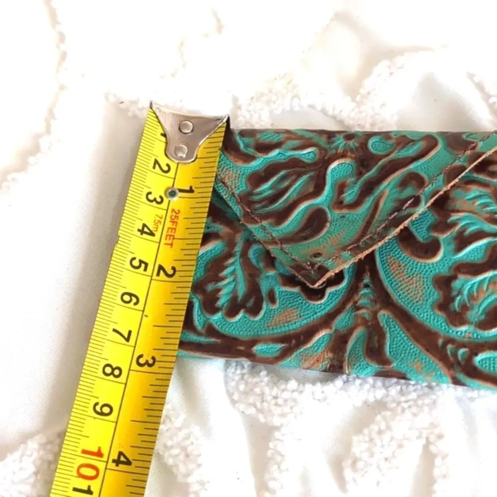 Turquoise and Brown Leather Tooled Artisan Keychain/C Card Money /Mini Wallet